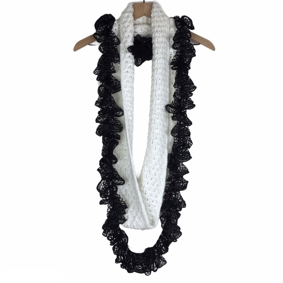 2 Scarf Lot BCBGeneration Infinity Knit Handmade Metallic Ruffle Lace Minimalist - Picture 1 of 15